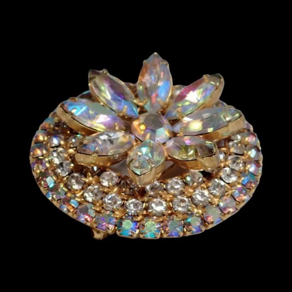 Juliana D&E Aurora Borealis AB Gold Tone Rhinestone Starburst Brooch Lapel Pin
